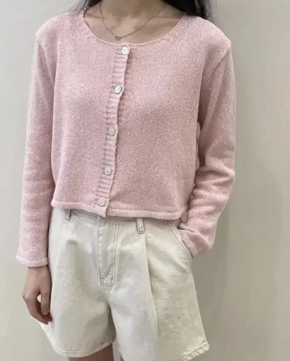 Open Here Vegetable Pink Cardigan Linen Button Cropped Yeoreum Cardigan Knit Set