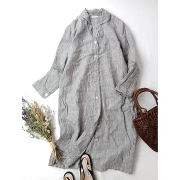 fog linen work 스트라이프 셔츠 코트 원피스 린넨 100