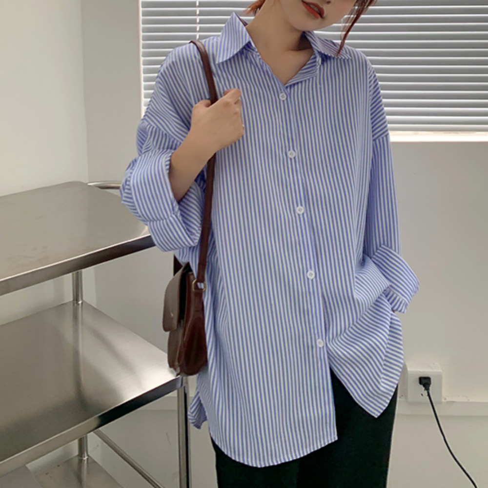 (새상품) 여름 블루 블랙 스트라이프 긴팔 셔츠 (숄가디건 포함)