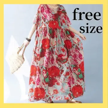 [재판매] 플라워 패턴 프리 사이즈 롱 원피스 반팔 날씬해 보이는 컬러풀