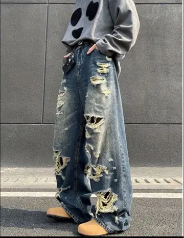 데미지 데님 배기 와이드 디스트로이 스트릿 y2k