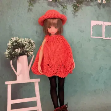 ruruko 인형용 오렌지 손뜨개 원피스와 모자 세트