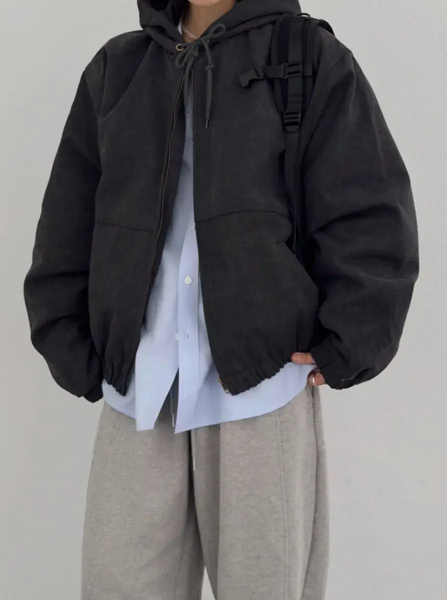 포트레이트 서울 워싱 퀼팅 후드 워크자켓 차콜