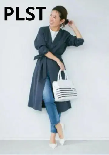 PLST 네이비 트렌치코트 긴팔 허리 벨트 포함