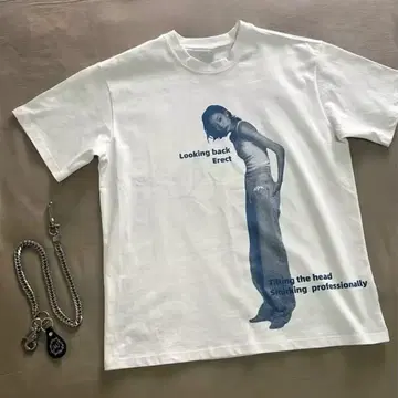 그래픽 프린트 티셔츠 블루 화이트 S