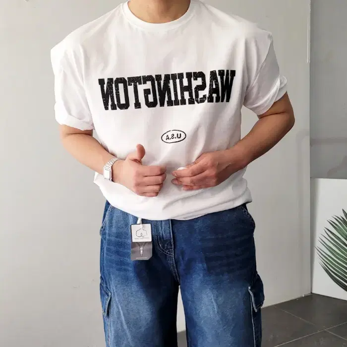 남자 빈티지 크랙 워싱턴 레터링 세미 머슬핏 반팔 티셔츠 4컬러