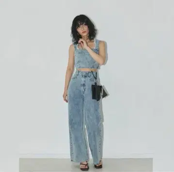 에모다 S 사이즈 라이트 블루 데님 하이 웨스트 셋업