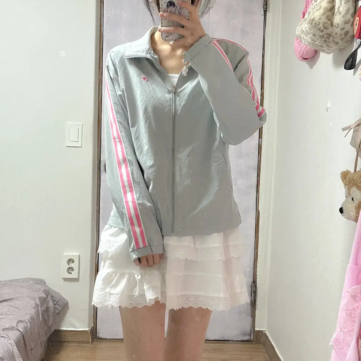 빈티지 챔피온 회색 핑크 바람막이 달천깔 라떼 히메갸루 긱시크 로걀 고딕