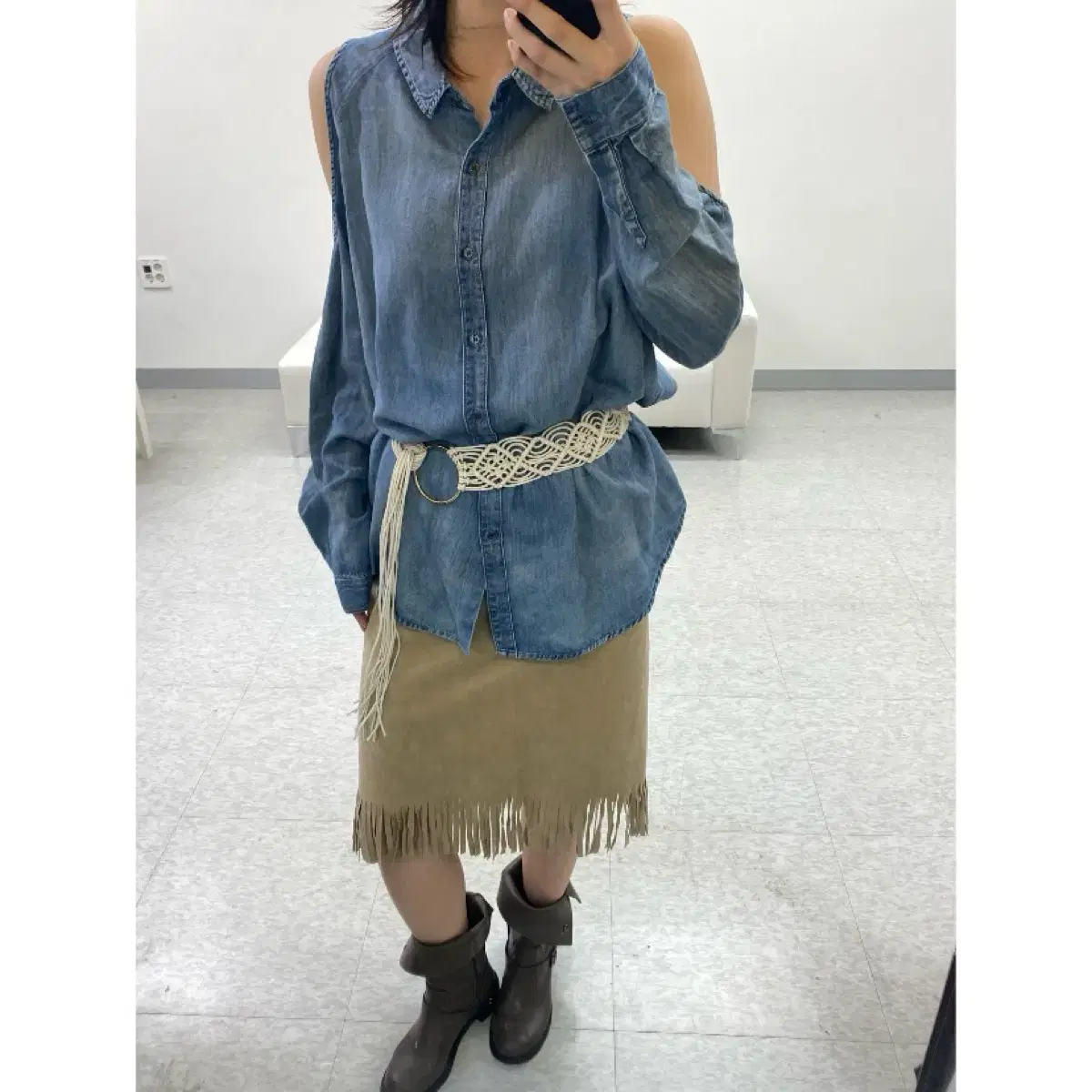 일본빈티지 데님 오프숄더 셔츠 웨스턴 유니크