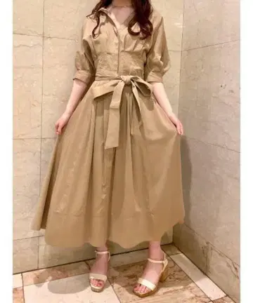 허리 리본 포함 반팔 롱 셔츠 원피스