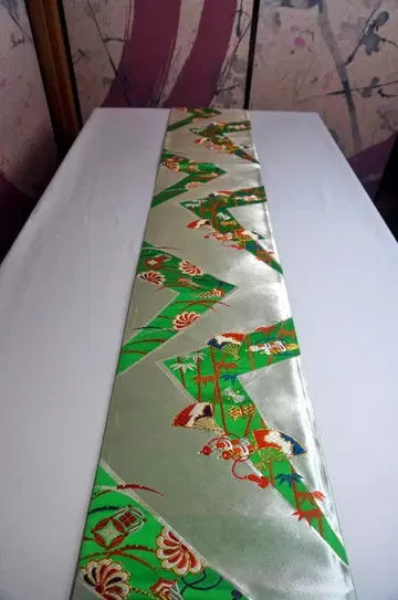 빈티지 후쿠로 오비 순수 실크 그린과 은색 대나무 부채 전통 공예품 실버