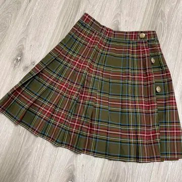 올리브 그린 레드 체크 플리츠 스커트 미니 랩 스커트