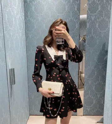 이탈리아제 실크 100% 하트 무늬 원피스 빅 카라 부착