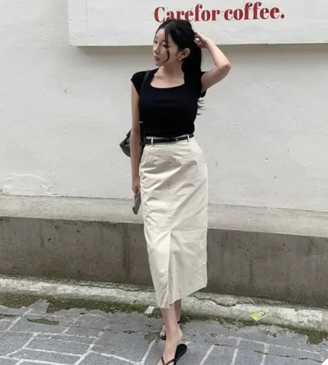 더핀 벨트세트 면 H라인 스커트(베이지)색상