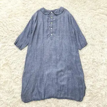 네스트로브 린넨 롱 원피스 샴브레이 둥근 카라 리버서블