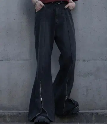 cussil 하이 웨스트 풀 렝스 센터 크리즈 지퍼 플레어 데님 팬츠