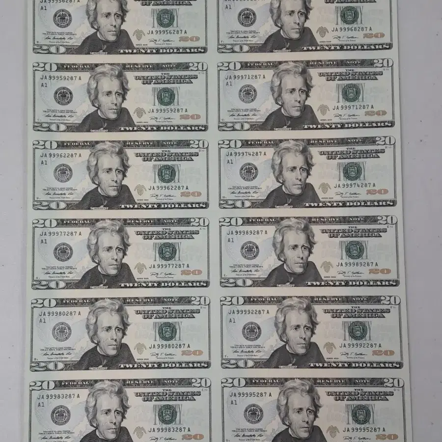2009년 미국 앤드루 잭슨 20달러 16매 미사용 연결권 화폐