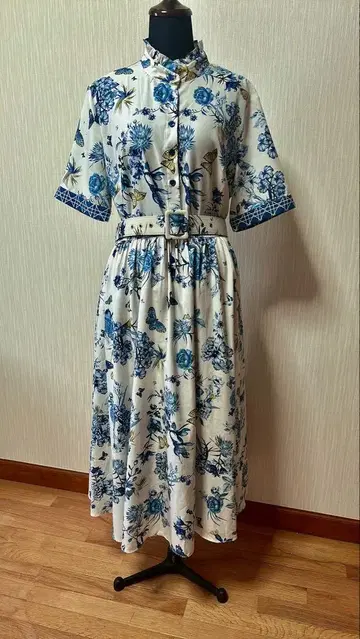 맞춤 의류 고급 원단 꽃무늬 반팔 무릎 기장 원피스