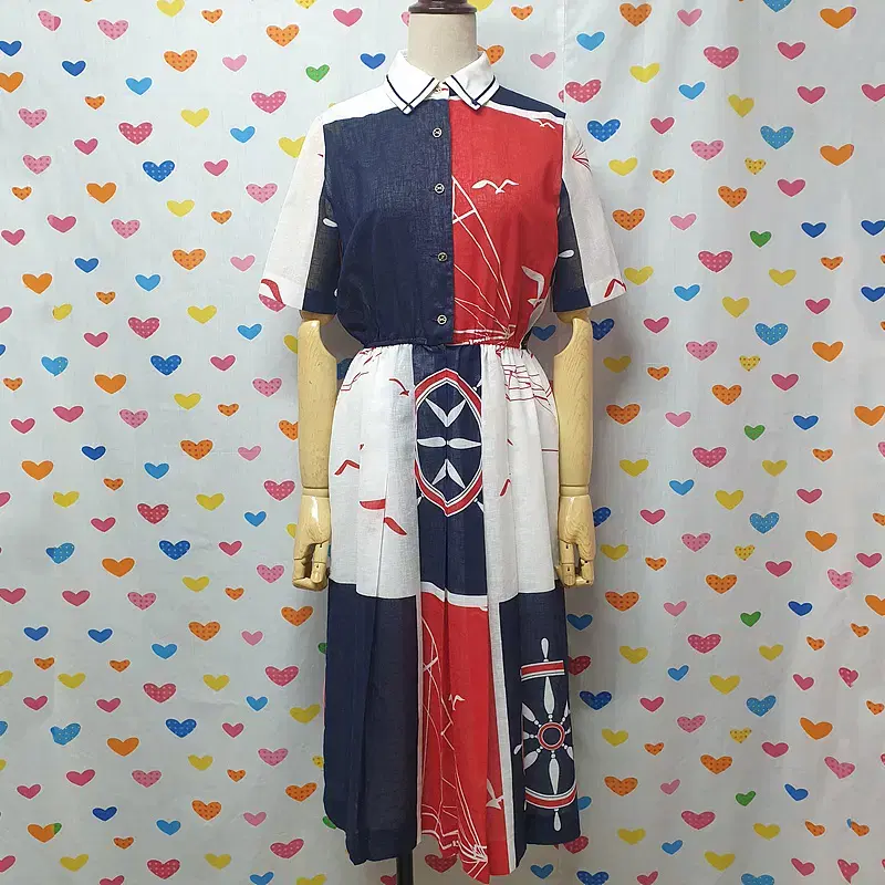 European Sea Gull Check Collar Button Shirt Short Sleeve Banding Pleated A-Line Onepiece