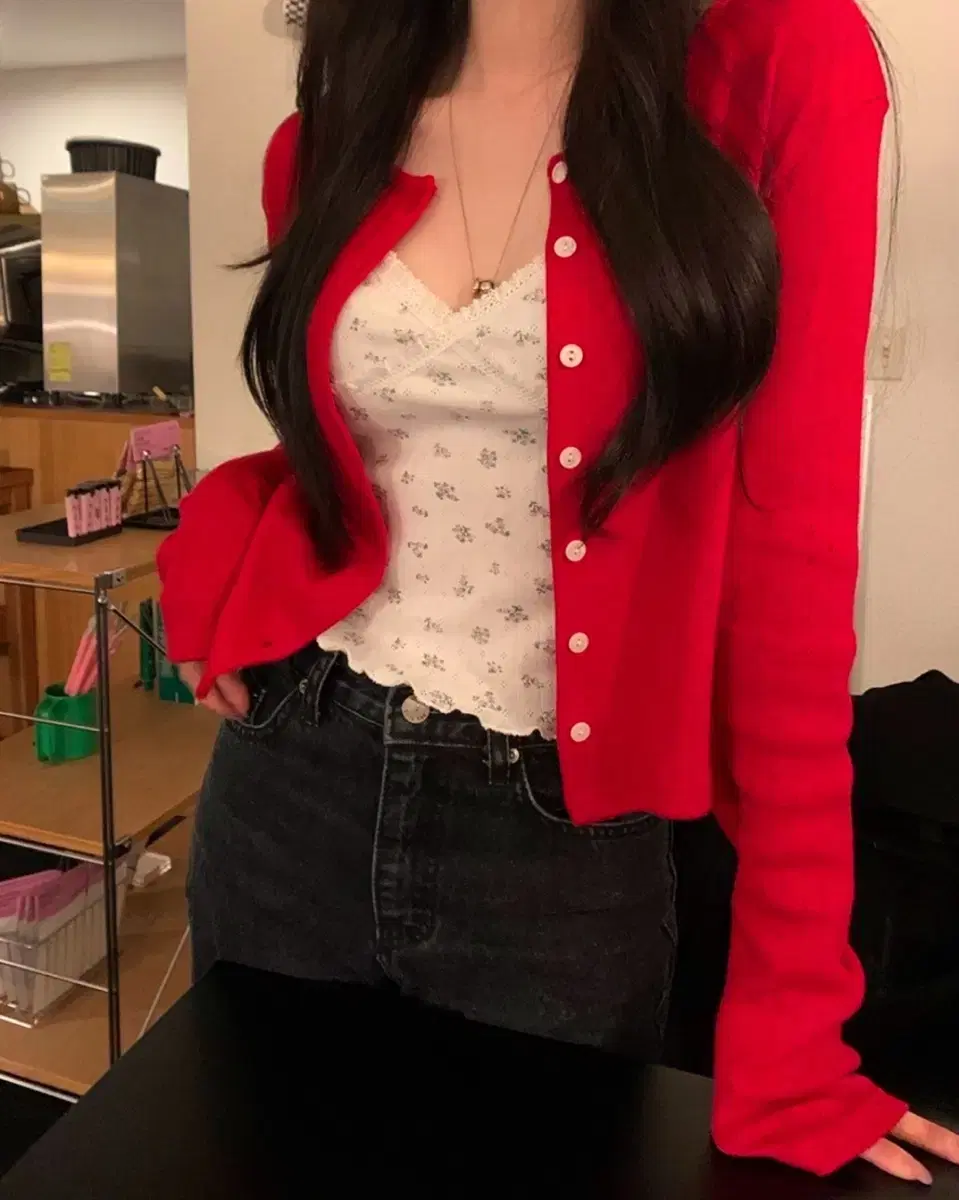 Lace Floral Cami Bustier & Red Cardigan