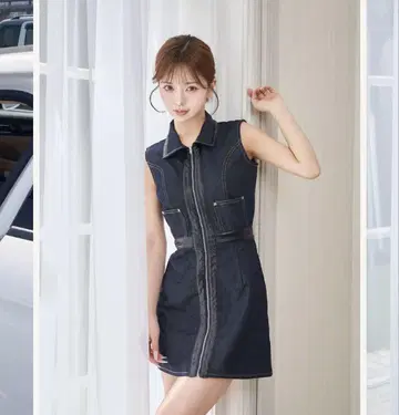 다리치 가죽 콤비 슬리브리스 데님 미니 원피스 인디고 FL 새상품