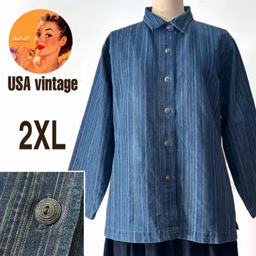 데님 셔츠 USA 중고 의류 긴팔 2XL 블루 스트라이프 큰 사이즈