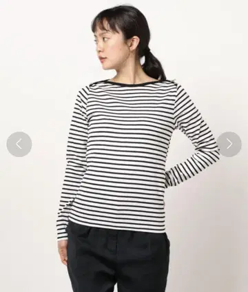 에네스베 보더 리브 니트 어깨 버튼 보트넥 긴 소매