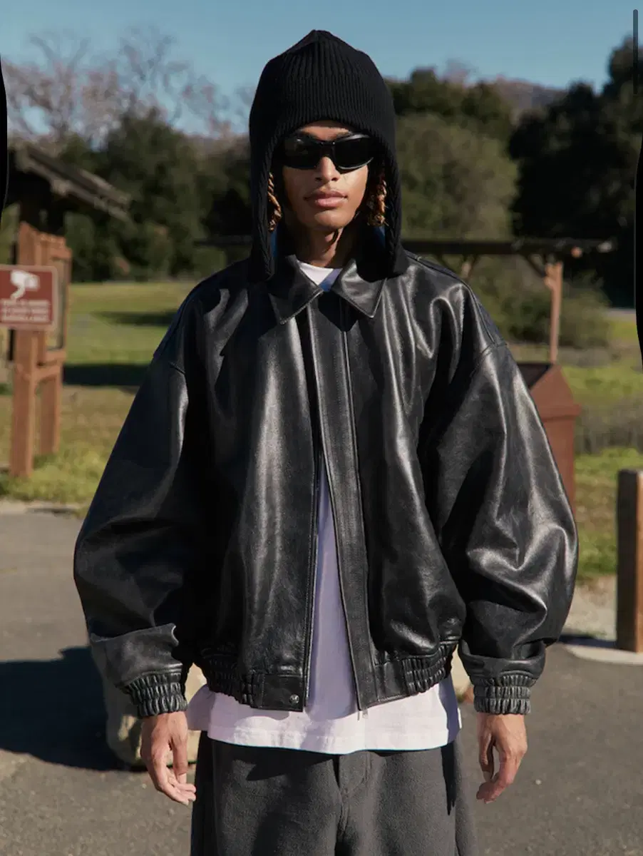 STU Overfit Leather Jacket Black L size