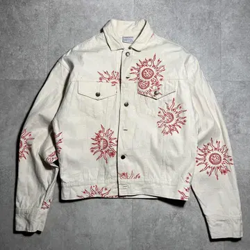 90s 피스 마크 화이트 베이지 데님 자켓 레어 US 구제 의류