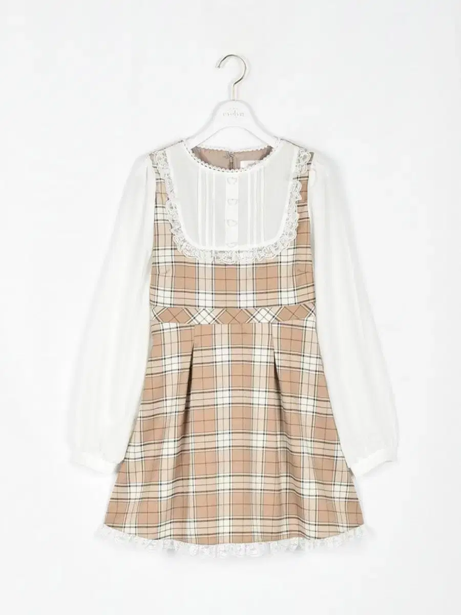 Eblin evelyn Heart Button Check Onepiece Beige San type Girly