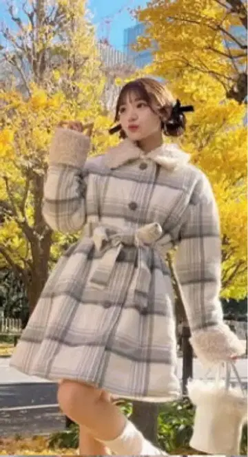 후리짱 착용! ramelia 체크 무늬 무스탕 코트 프렌치 걸리시