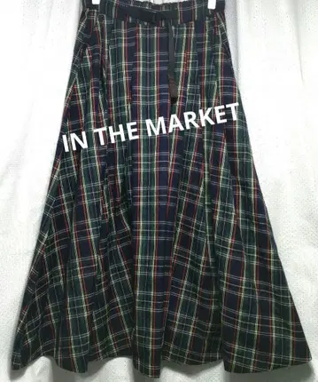 INTHEMARKET 개더 타탄 체크 플레어 스커트 그린 큰 사이즈
