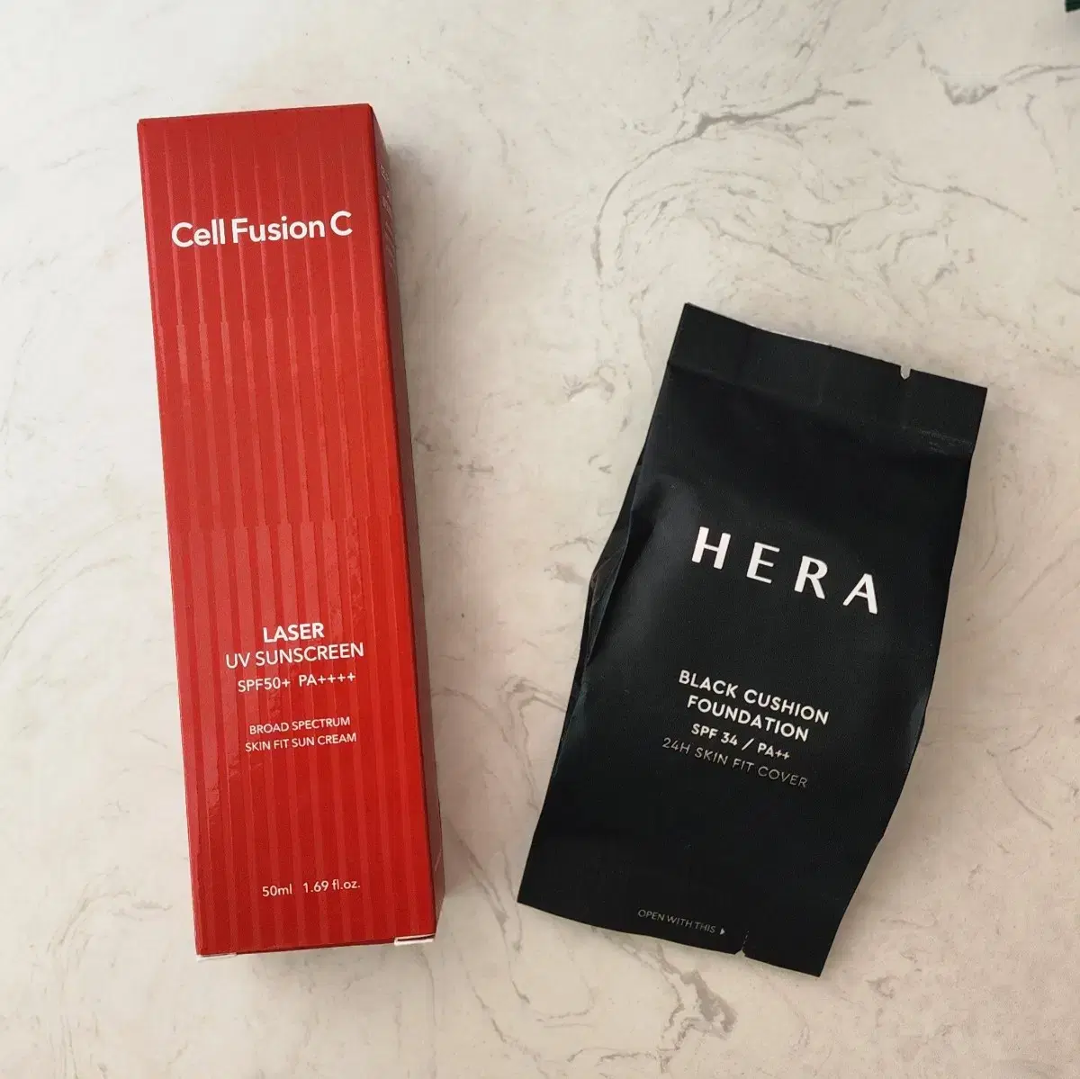 [새상품] 셀퓨전씨 레이저 선크림 50ml + 헤라 블랙쿠션 파운데이션