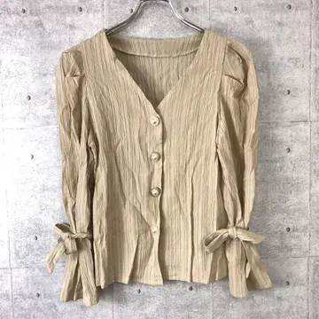 일본산 레트로 로맨틱 구제 의류 셔링 펄 버튼 소매 리본 가디건
