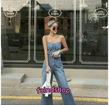 데님 점프 수트 올인원 살로펫 베어 탑 와이드 빵 S