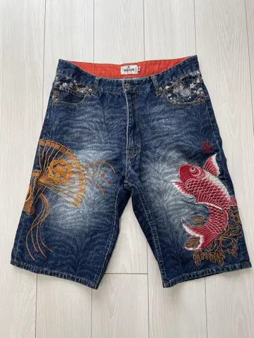 카라쿠리타마시 자수 잉어 부채 숏팬츠