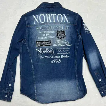 Norton 노턴 데님 워시드 가공 자수 긴팔 셔츠 M
