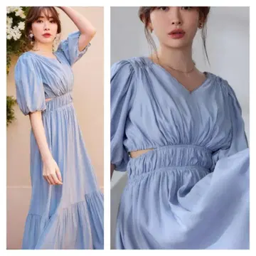 미품 하립투 셔링 원피스 코지마 요나 하늘색 퍼프 슬리브 반팔