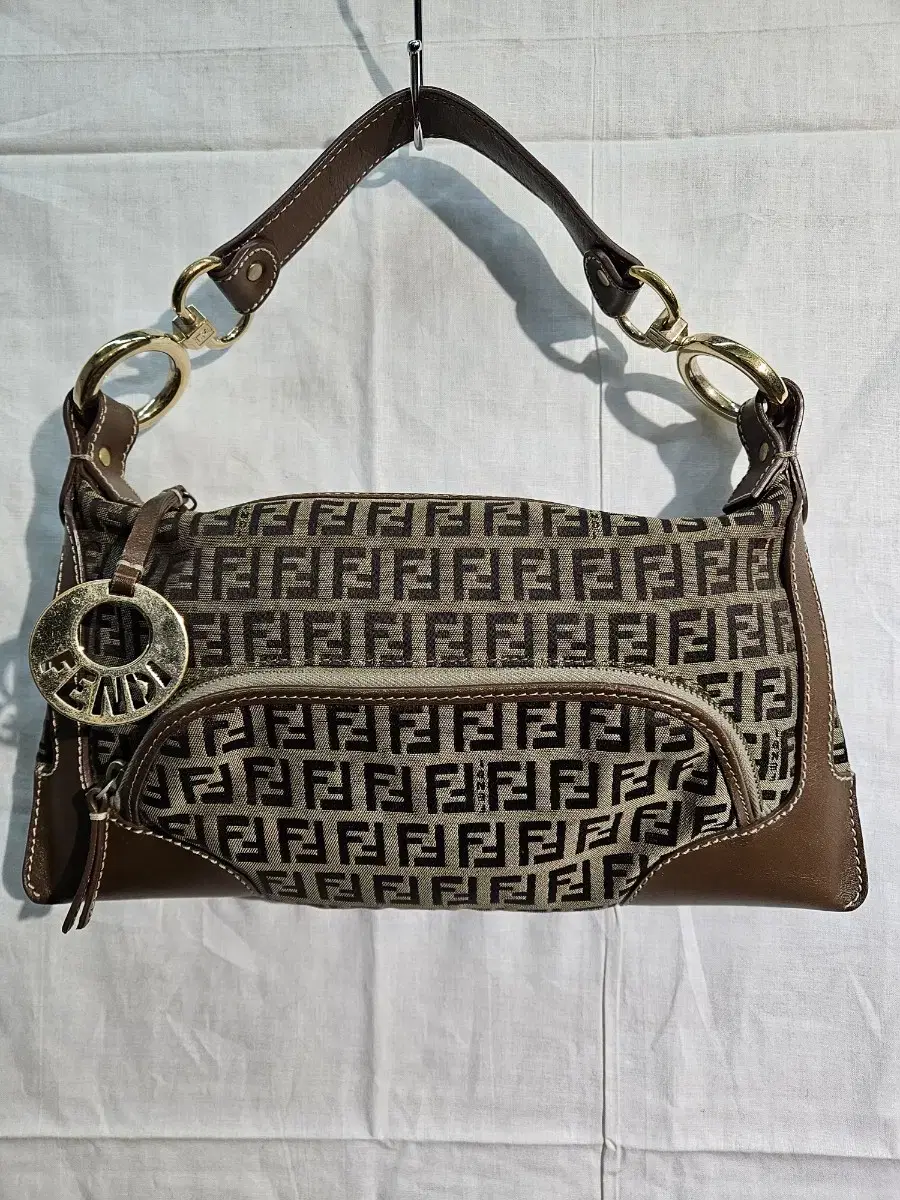 FENDI Zucchino Leather Trim Canvas Shoulder Bag Authentic Italy