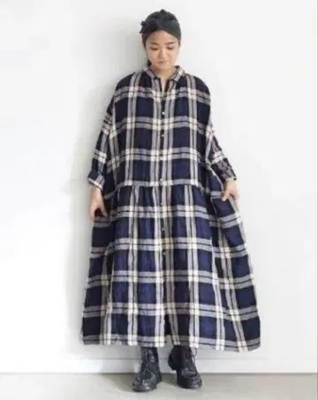 ICHI Antiquites 린넨 타탄 체크 셔츠 원피스