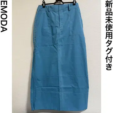에모다 슬릿 카고 스커트 블루 M 포켓 나일론 여름 로우 허리