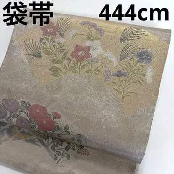 후쿠로 오비 순수 실크 은실 부채에 꽃과 풀 6통 U-4706