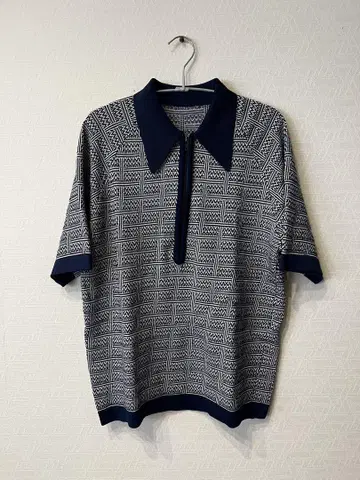 used 기하학 패턴 반팔 폴로 셔츠 네이비