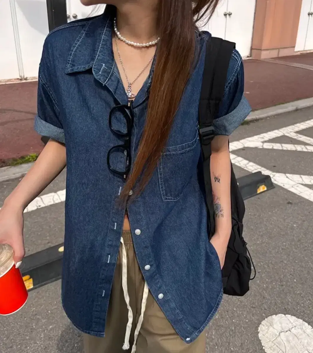 에이블리 루피 데님 반팔 여름 셔츠 진청