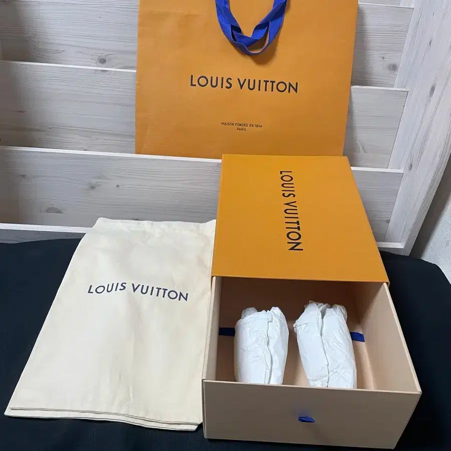Louis Vuitton shoe box, shopping bag, and dust bag in top