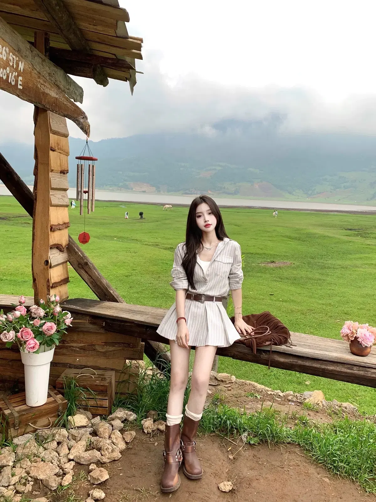 소라 카라 스트라이프 벨트 원피스