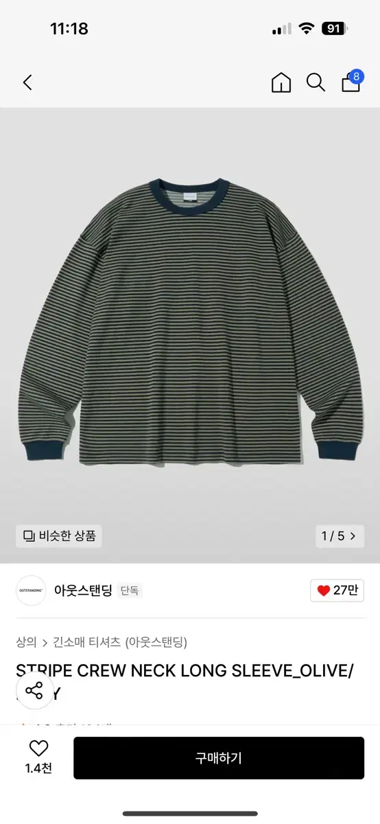 Outstanding Striped Crew Neck Long Sleeve Olive Navy m