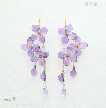 미사용 핸드메이드 보라색 하나 귀걸이 꽃 플라워 딥 아트 퍼플