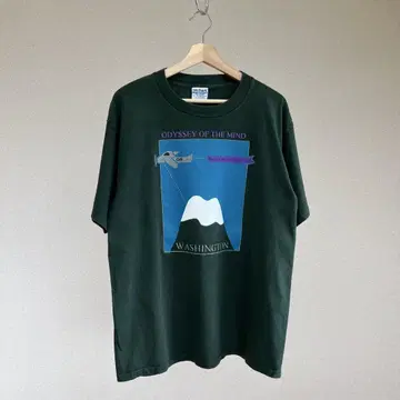 90s USA 구제 의류 짙은 녹색 프린트 티셔츠 L 사이즈 길단 빈티지