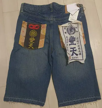 미사용 새상품 토요텐 상점 데님 하프 팬츠 일본풍 패턴 한자 범자